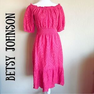 Betsy Johnson Boho Cotton Eyelet Off-The-Shoulder Pink Midi Dress